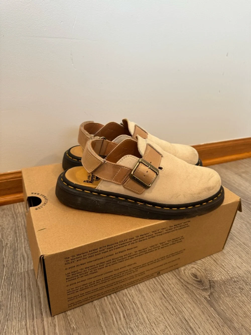 Dr. Martens Beige Suede Clog with Tan Buckle and Black Sole - Picture 3 of 4